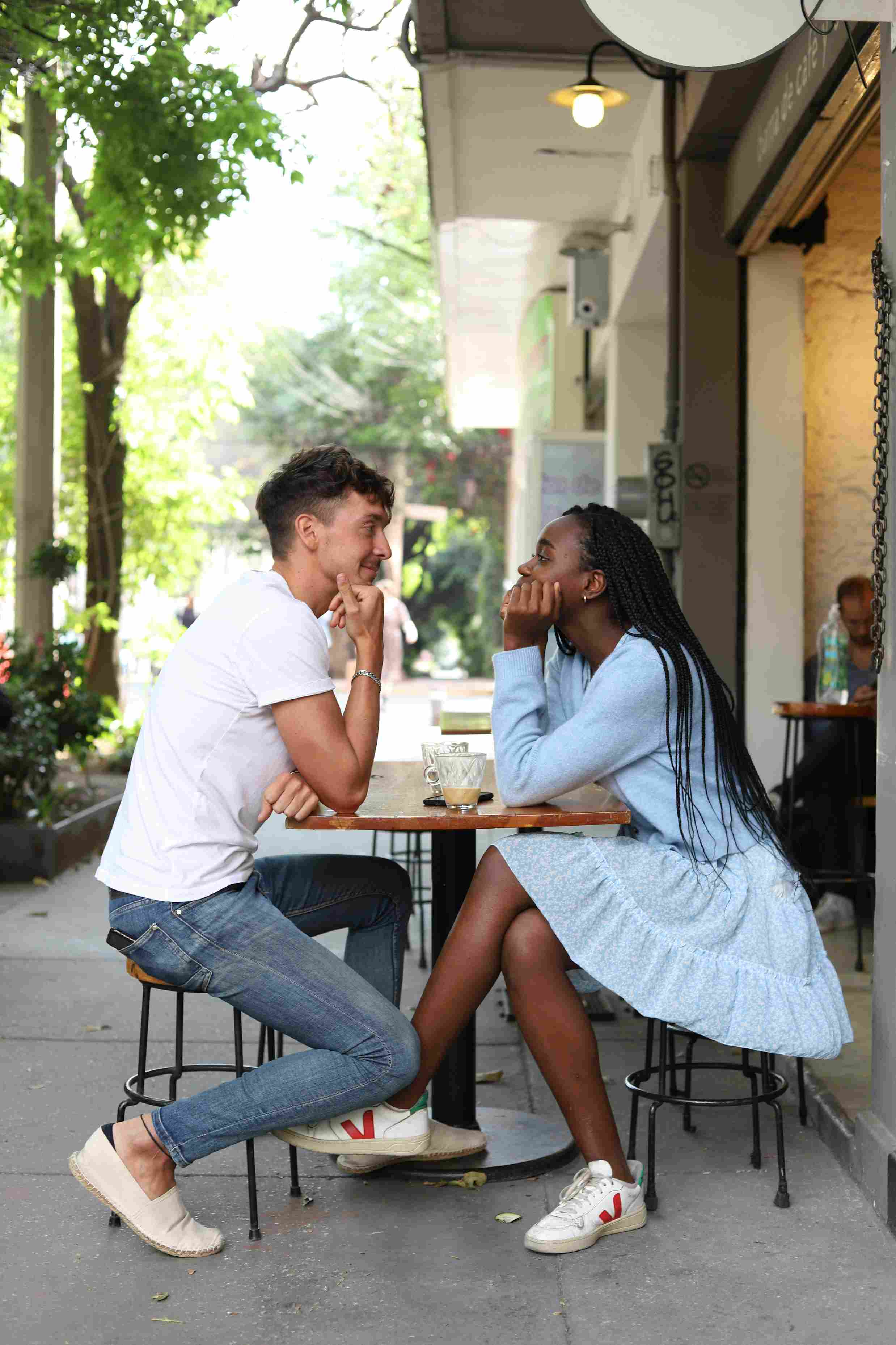 Outdoor coffee setting in an urban plaza